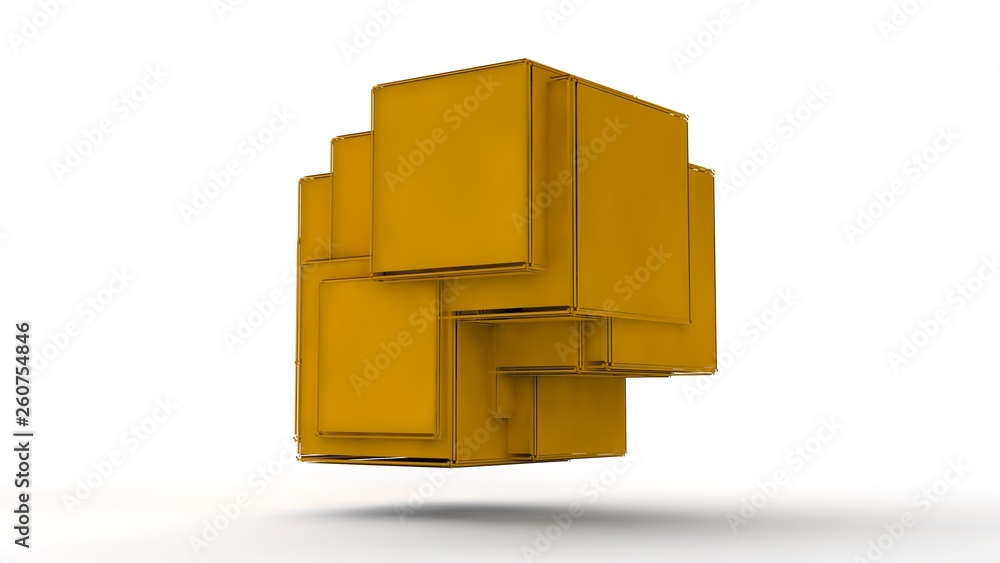 Poster 3d illustration of gold cubes fused into one on white isolated background. cubes are different, brea