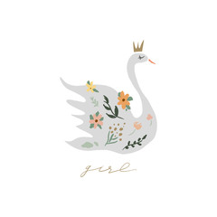 Swan lake. Lettering calligraphy. Girl princess, greeting card poster and postcard, vector image