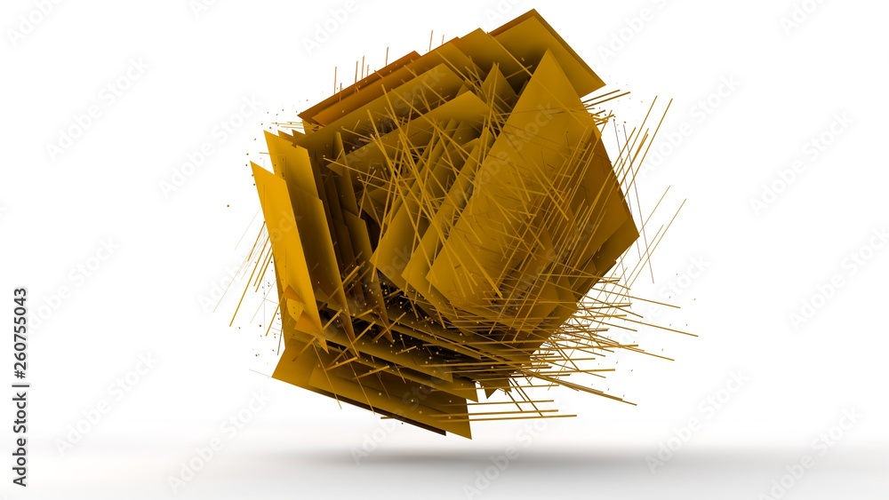Poster 3d illustration of gold cubes fused into one on white isolated background. cubes are different, brea