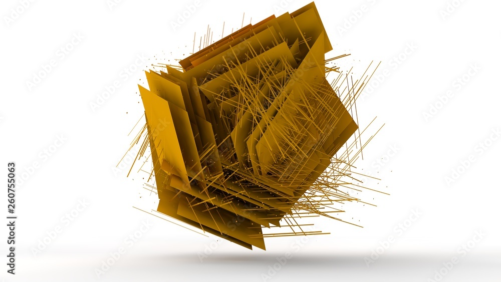 Poster 3d illustration of gold cubes fused into one on white isolated background. cubes are different, brea