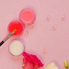 Lip balms, neutral and with shades. Lip skin care, hygiene and cosmetics.