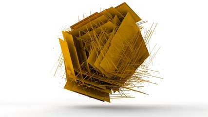 3D illustration of gold cubes fused into one on white isolated background. Cubes are different, break into segments, fragments, many small fragments, explode Abstract image. 3D rendering, background.