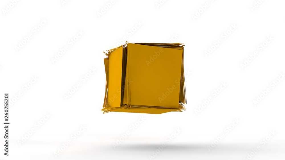 Poster 3d illustration of gold cubes fused into one on white isolated background. cubes are different, brea