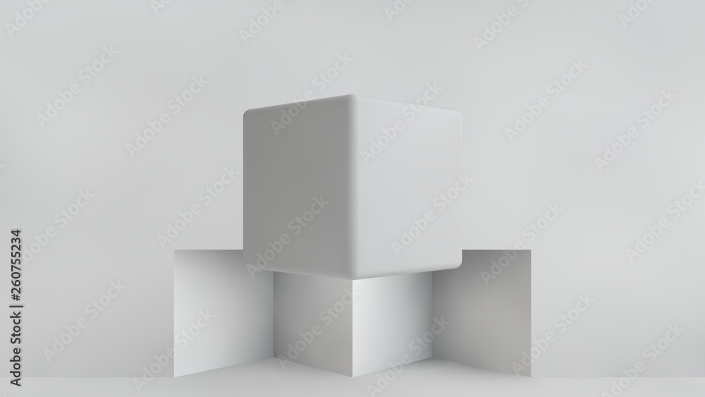 Poster 3d illustration of white cubes of different sizes in the room. cubes hang in the air, randomly distr