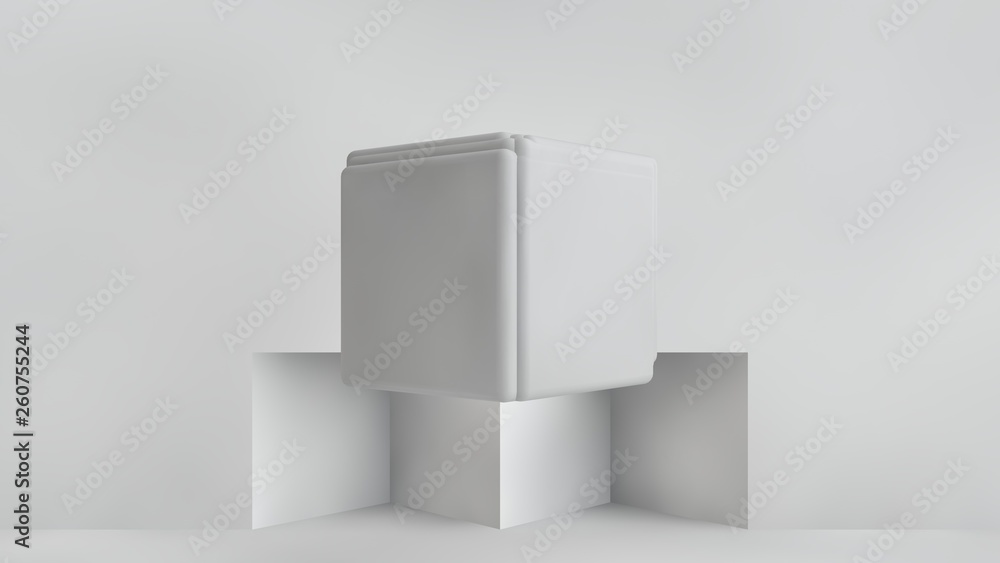 Poster 3d illustration of white cubes of different sizes in the room. cubes hang in the air, randomly distr