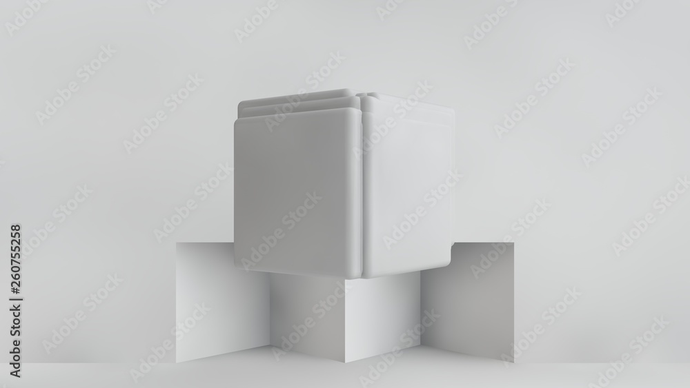 Poster 3d illustration of white cubes of different sizes in the room. cubes hang in the air, randomly distr