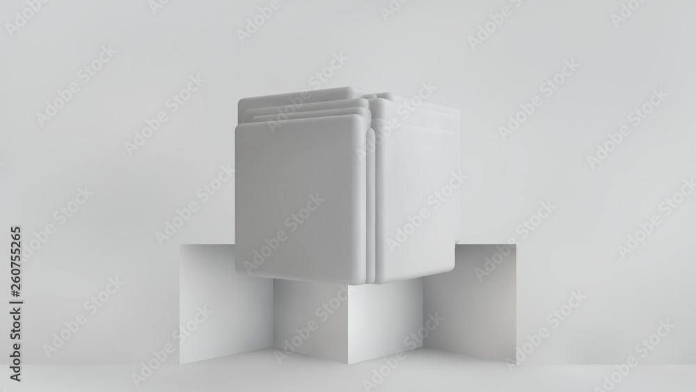Poster 3d illustration of white cubes of different sizes in the room. cubes hang in the air, randomly distr