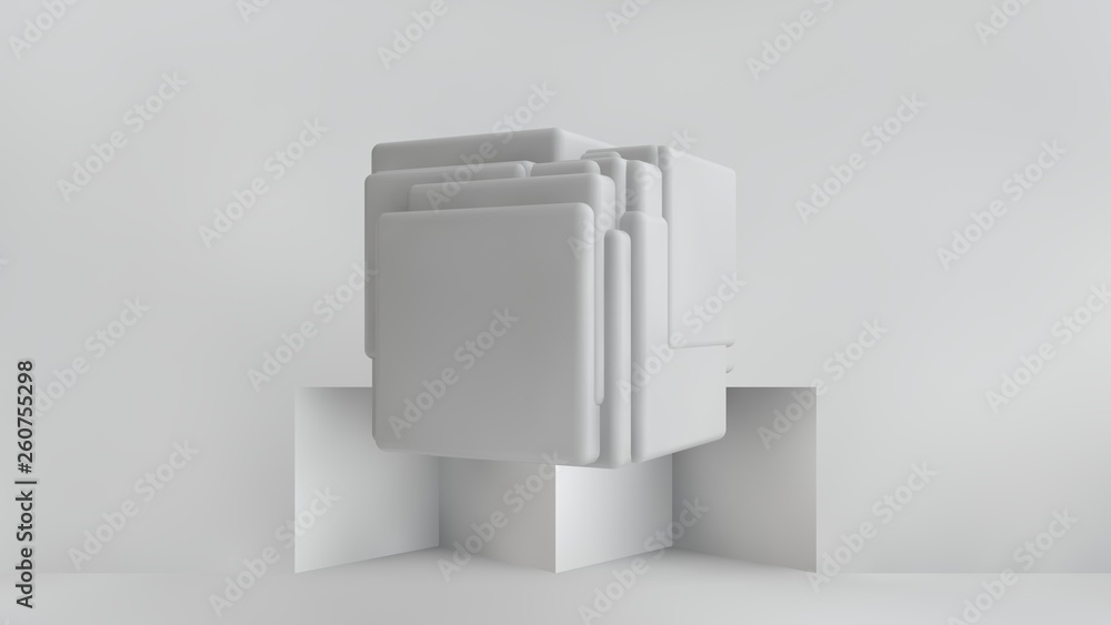 Poster 3d illustration of white cubes of different sizes in the room. cubes hang in the air, randomly distr