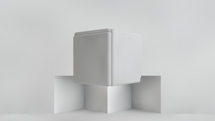 3D illustration of white cubes of different sizes in the room. Cubes hang in the air, randomly distributed in space, casting shadows. Geometrical abstraction. 3D rendering