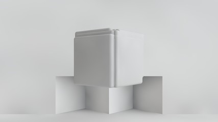3D illustration of white cubes of different sizes in the room. Cubes hang in the air, randomly distributed in space, casting shadows. Geometrical abstraction. 3D rendering