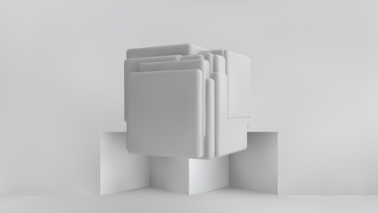 3D illustration of white cubes of different sizes in the room. Cubes hang in the air, randomly distributed in space, casting shadows. Geometrical abstraction. 3D rendering