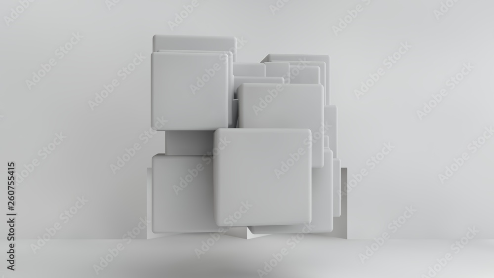 Poster 3d illustration of white cubes of different sizes in the room. cubes hang in the air, randomly distr