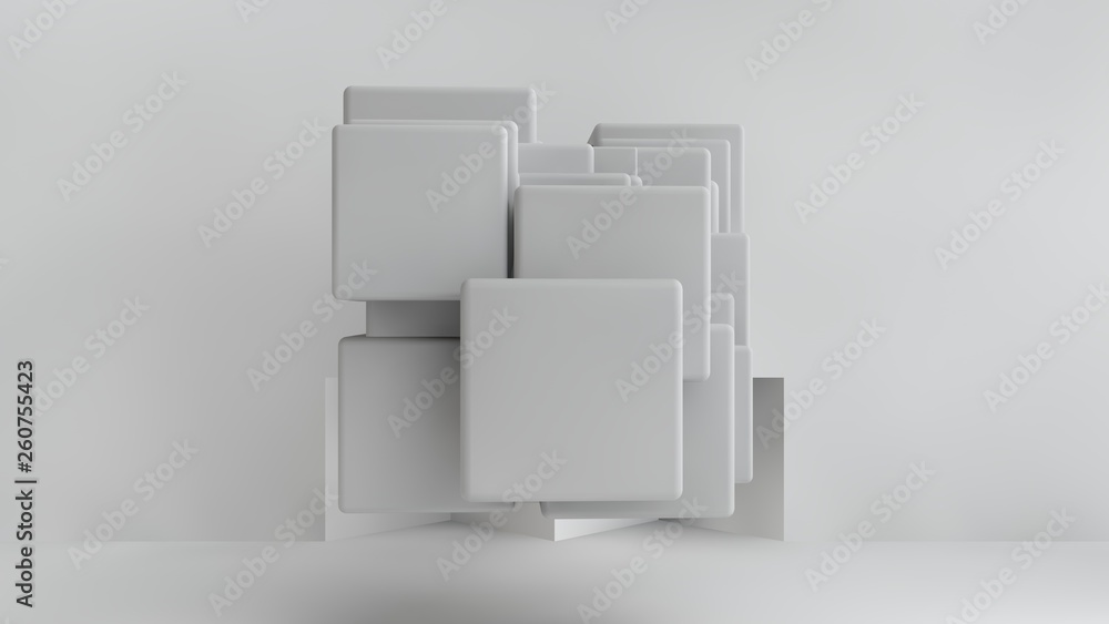 Poster 3d illustration of white cubes of different sizes in the room. cubes hang in the air, randomly distr