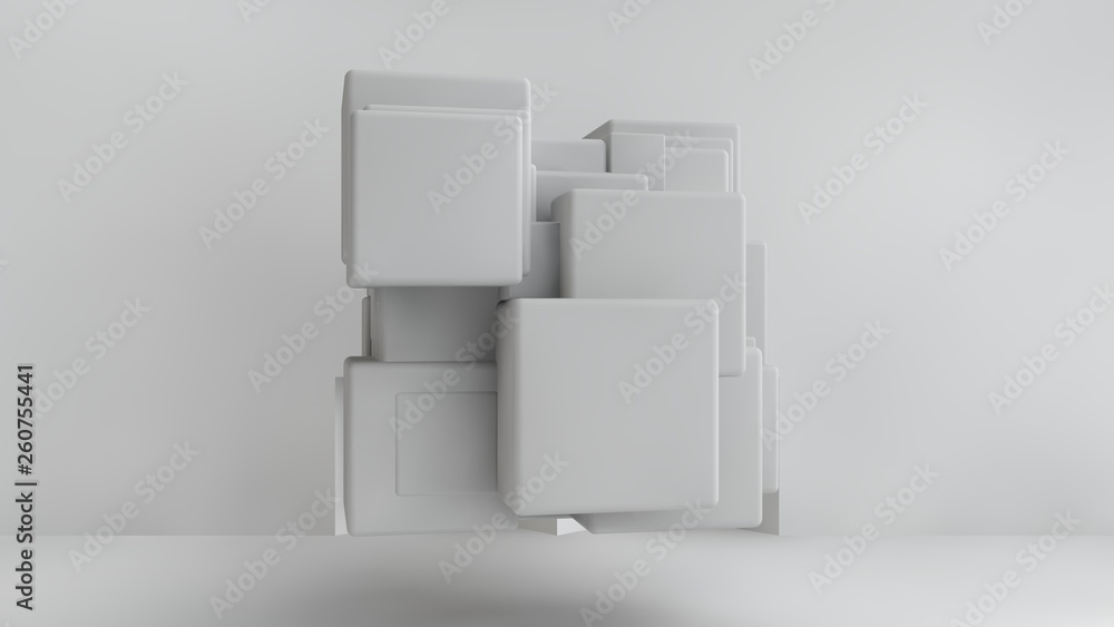 Poster 3d illustration of white cubes of different sizes in the room. cubes hang in the air, randomly distr
