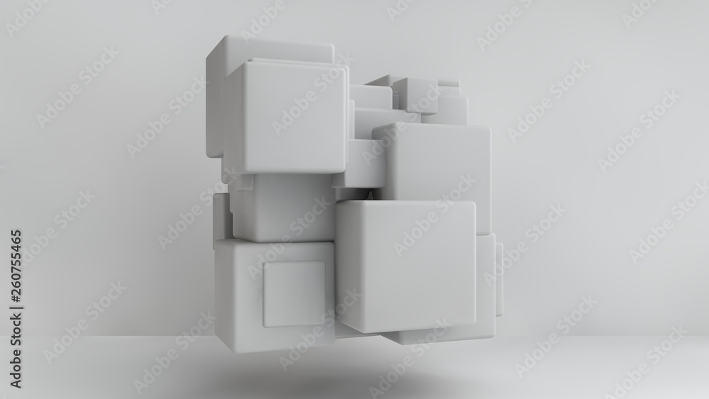 Poster 3d illustration of white cubes of different sizes in the room. cubes hang in the air, randomly distr