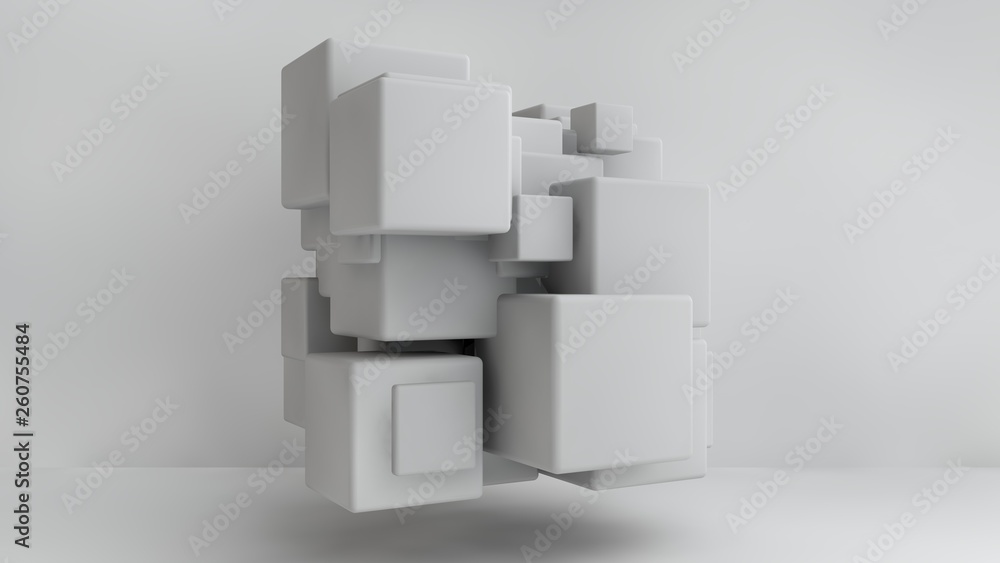 Poster 3d illustration of white cubes of different sizes in the room. cubes hang in the air, randomly distr