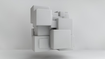3D illustration of white cubes of different sizes in the room. Cubes hang in the air, randomly distributed in space, casting shadows. Geometrical abstraction. 3D rendering