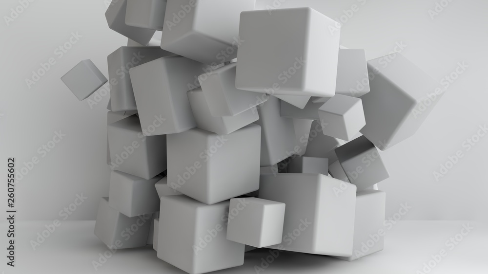 Poster 3d illustration of white cubes of different sizes in the room. cubes hang in the air, randomly distr