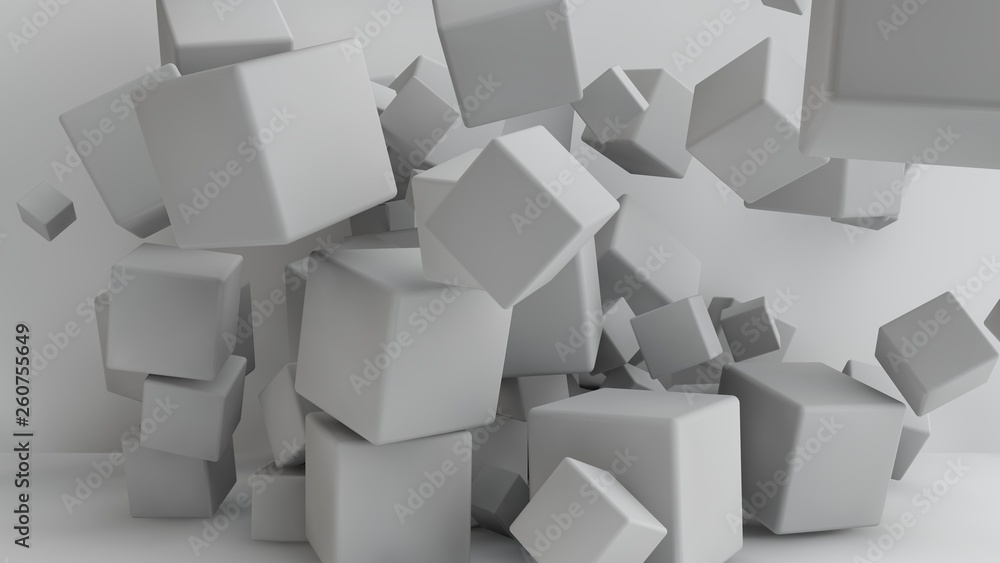 Poster 3d illustration of white cubes of different sizes in the room. cubes hang in the air, randomly distr