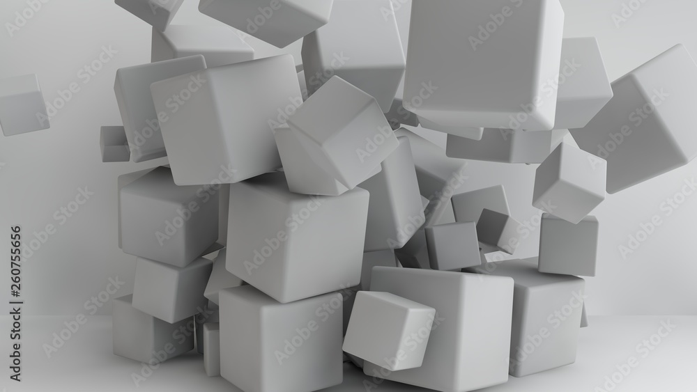 Poster 3d illustration of white cubes of different sizes in the room. cubes hang in the air, randomly distr