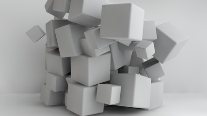 3D illustration of white cubes of different sizes in the room. Cubes hang in the air, randomly distributed and warped in space, casting shadows. Geometrical abstraction. 3D rendering