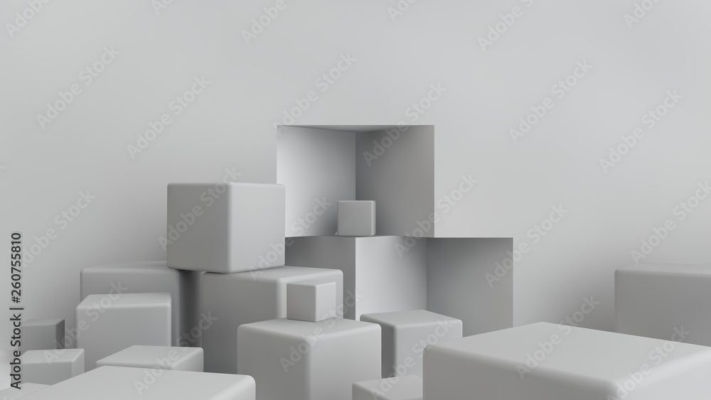 Poster 3d illustration of cubes of different size scattered randomly around the room. cubes are chaotic in 