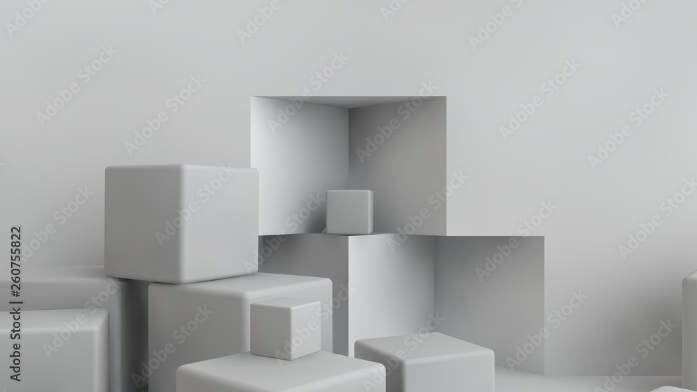 Poster 3d illustration of cubes of different size scattered randomly around the room. cubes are chaotic in 