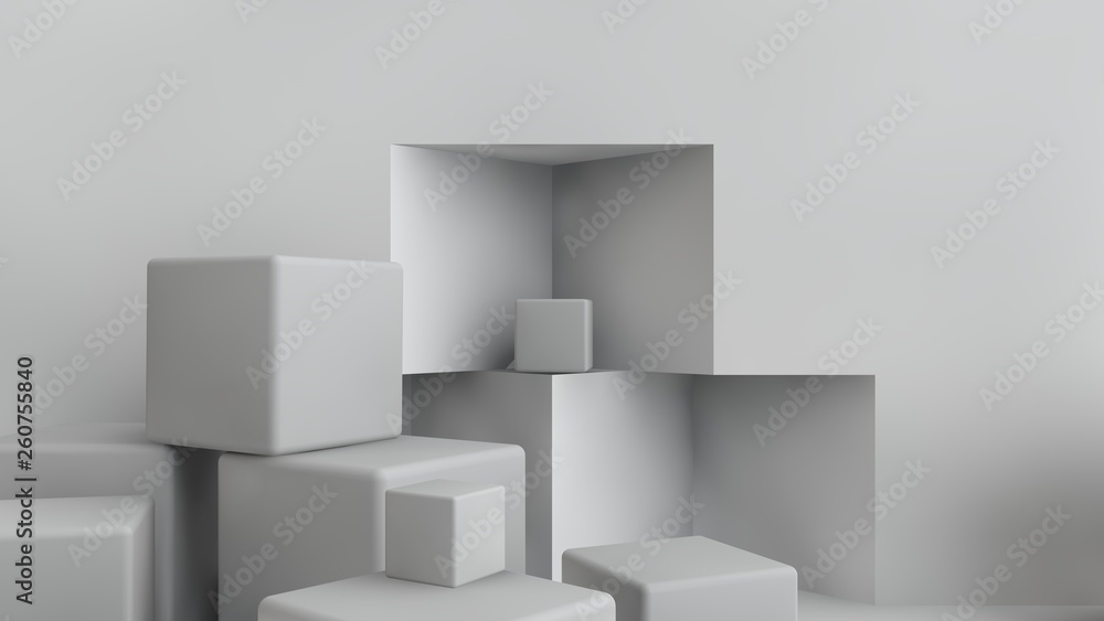 Poster 3d illustration of cubes of different size scattered randomly around the room. cubes are chaotic in 