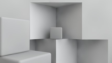 3D illustration of a room with cubic niches. On the floor are the large cubes and small lies in a niche. Abstraction. Surrealism, background. 3D rendering.