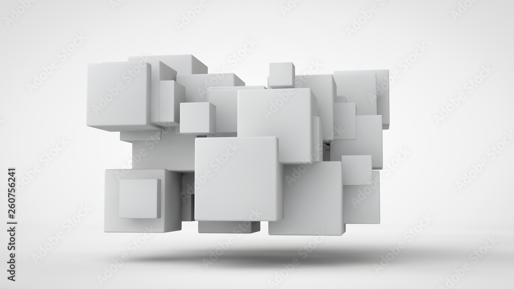 Poster 3d rendering lots of white cubes in space, randomly arranged, of different sizes, hanging in the air