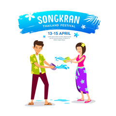 Vector men, women playing water bowl on Happy Songkran Day, Thailand illustration