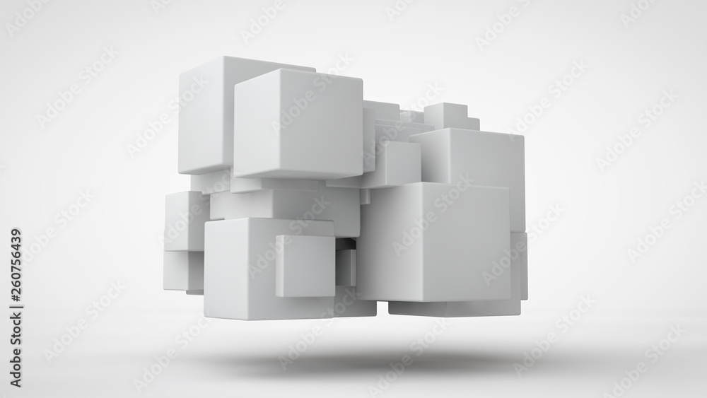 Poster 3d rendering lots of white cubes in space, randomly arranged, of different sizes, hanging in the air