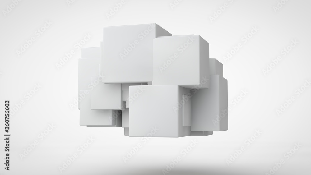 Poster 3d rendering lots of white cubes in space, randomly arranged, of different sizes, hanging in the air