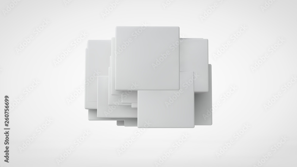 Poster 3d rendering lots of white cubes in space, randomly arranged, of different sizes, hanging in the air