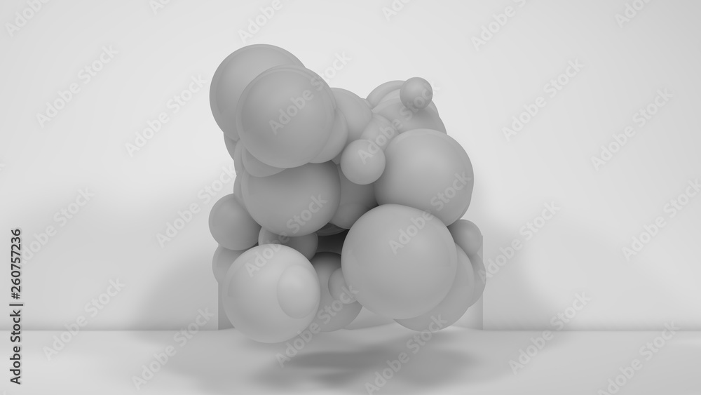 Poster 3d illustration of many white spheres of different sizes flying in the space of the room. the idea o
