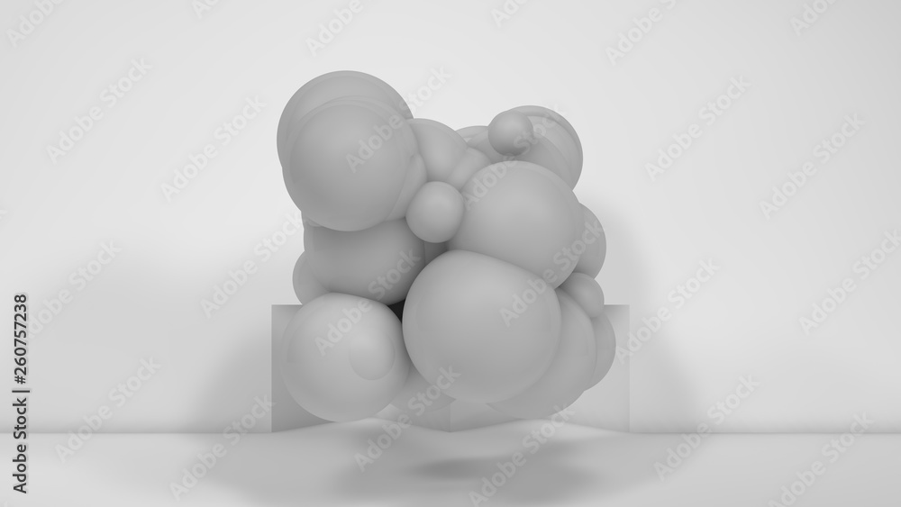 Poster 3d illustration of many white spheres of different sizes flying in the space of the room. the idea o