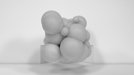 3D illustration of many white spheres of different sizes flying in the space of the room. The idea of disorder and chaos. A cloud of geometric elements. 3D rendering