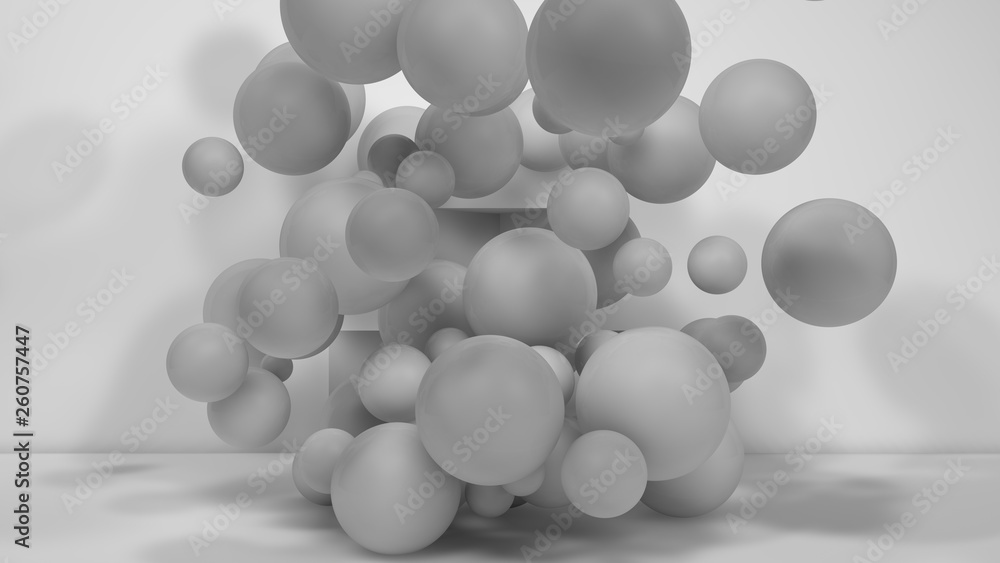 Poster 3d illustration of many white spheres of different sizes flying in the space of the room. the idea o