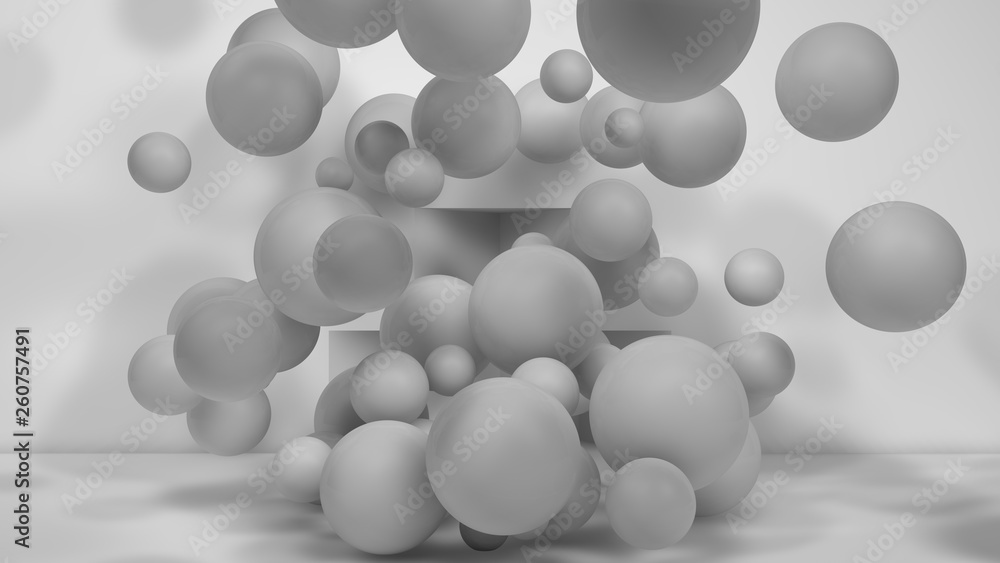 Poster 3d illustration of many white spheres of different sizes flying in the space of the room. the idea o