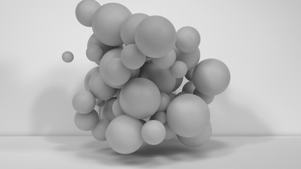 3D illustration of many white spheres of different sizes flying in the space of the room. The idea of disorder and chaos. A cloud of geometric elements. 3D rendering