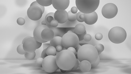 3D illustration of many white spheres of different sizes flying in the space of the room. The idea of disorder and chaos. A cloud of geometric elements. 3D rendering