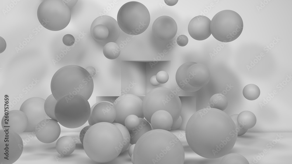 Poster 3d illustration of many white spheres of different sizes flying in the space of the room. the idea o