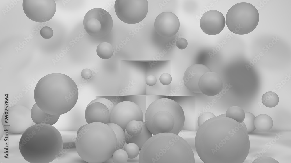 Poster 3d illustration of many white spheres of different sizes flying in the space of the room, scattered 