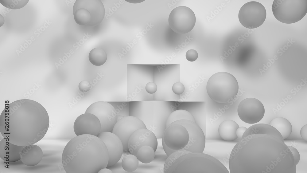 Poster 3d illustration of many white spheres of different sizes flying in the space of the room. the idea o