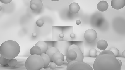 3D illustration of many white spheres of different sizes flying in the space of the room. The idea of disorder and chaos. A cloud of geometric elements. 3D rendering