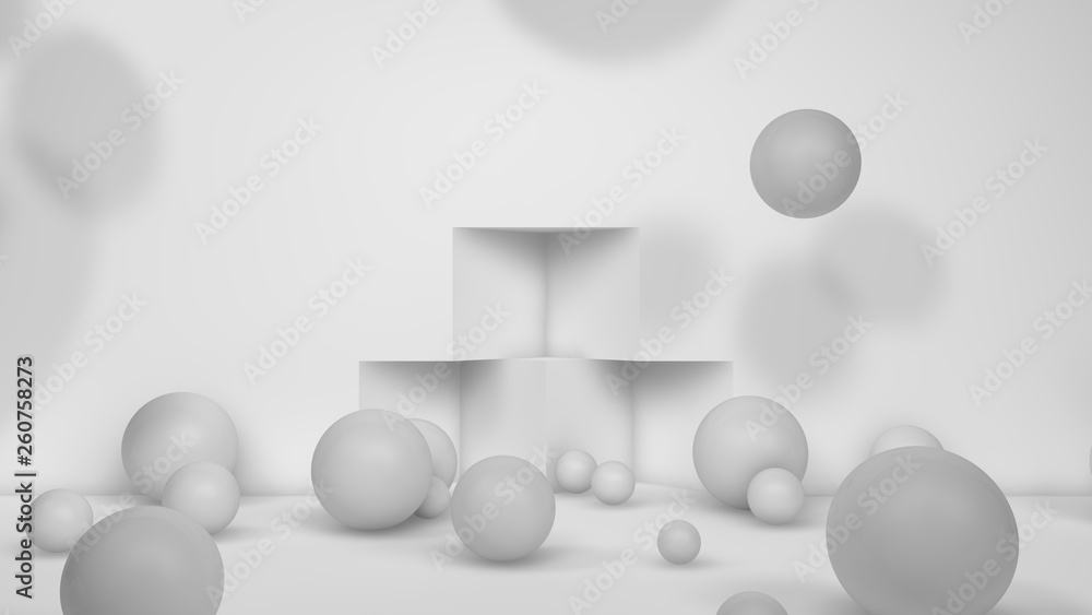Poster 3d illustration of many white spheres of different sizes flying in the space of the room, scattered 