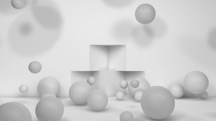 3D illustration of many white spheres of different sizes flying in the space of the room, scattered on . The idea of disorder and chaos. A cloud of geometric elements. 3D rendering