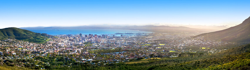 Cape Town beautiful panoramic top view from Table Mountain, scenery panorama of city and sea port...