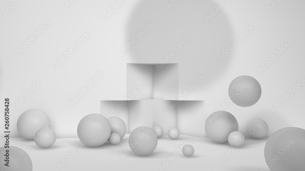 Poster 3d illustration of many white spheres of different sizes flying in the space of the room, scattered 