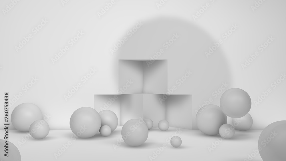 Poster 3d illustration of many white spheres of different sizes flying in the space of the room, scattered 